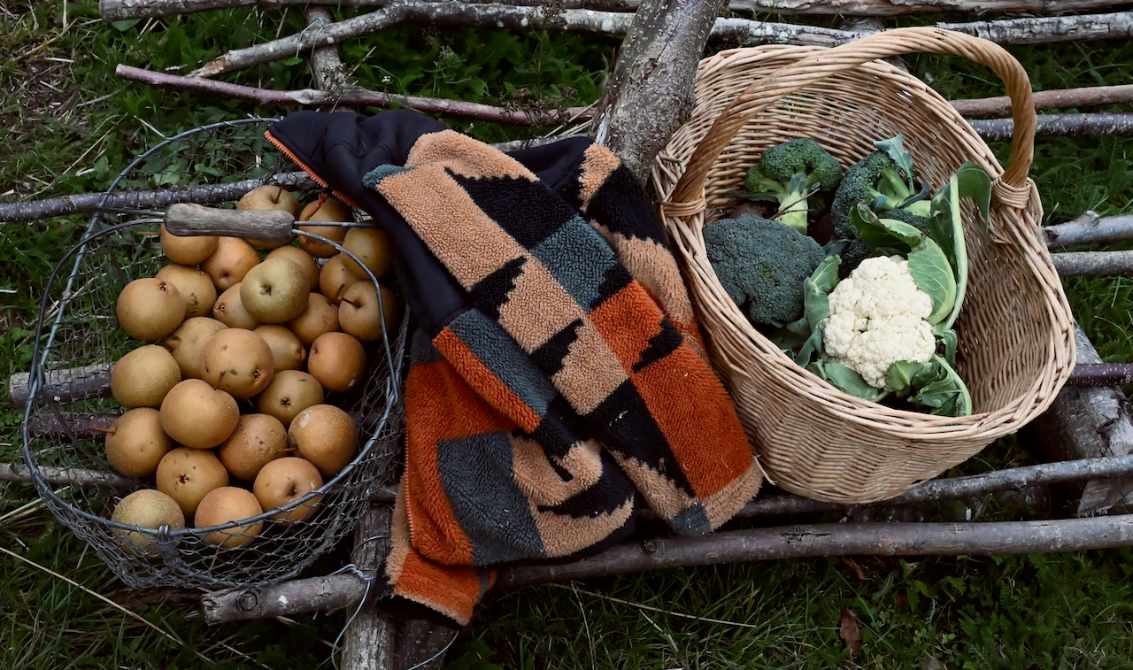 Panier de poires et panier d'osier rempli de brocolis et de chou-fleur, posés sur une clôture en bois